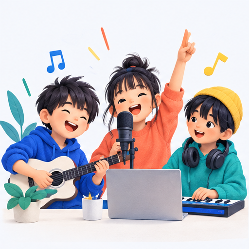 ギター、歌、キーボードで音楽をつくる三人の子ども