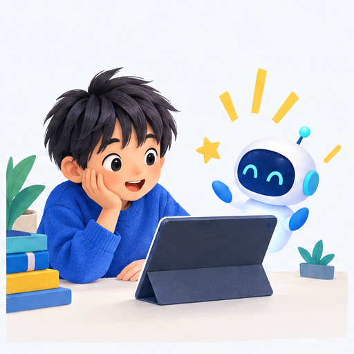 タブレットと小さなロボットを見て驚く男の子