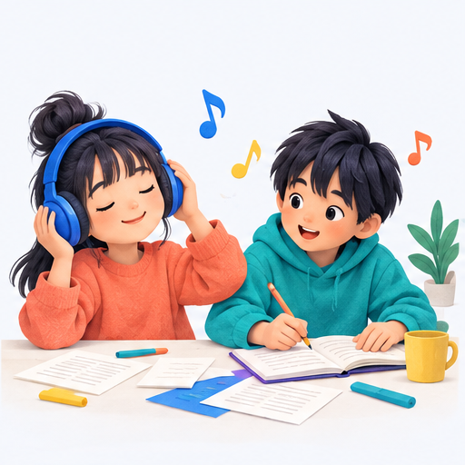 ヘッドホンで曲を聴く女の子と、歌詞を書いている男の子
