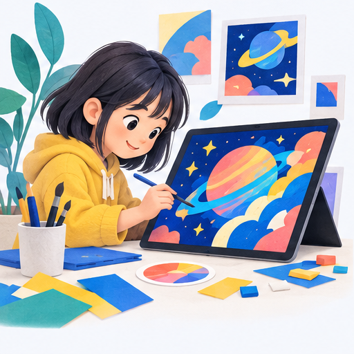 タブレットで惑星のイラストを描いている女の子
