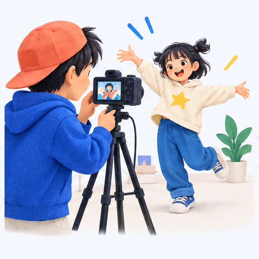 カメラで撮影する男の子と、ポーズをとる女の子
