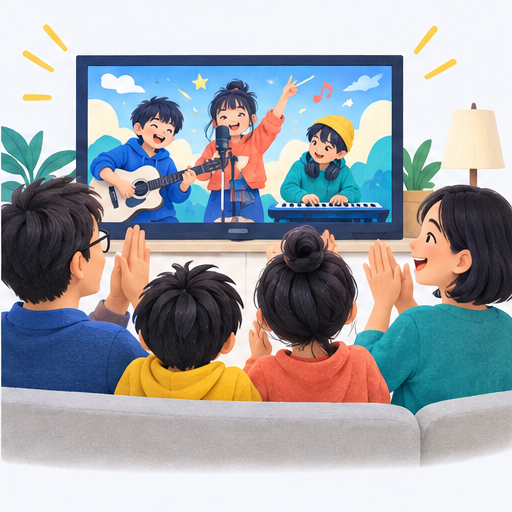 完成した音楽映像を家族で見て拍手している