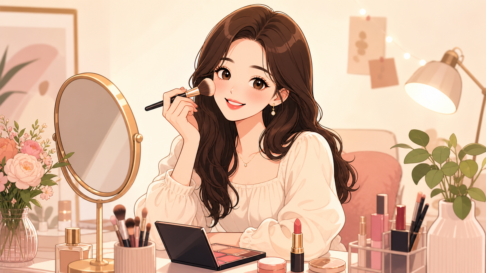 귀여운 여성이 메이크업하는 카툰풍 그림